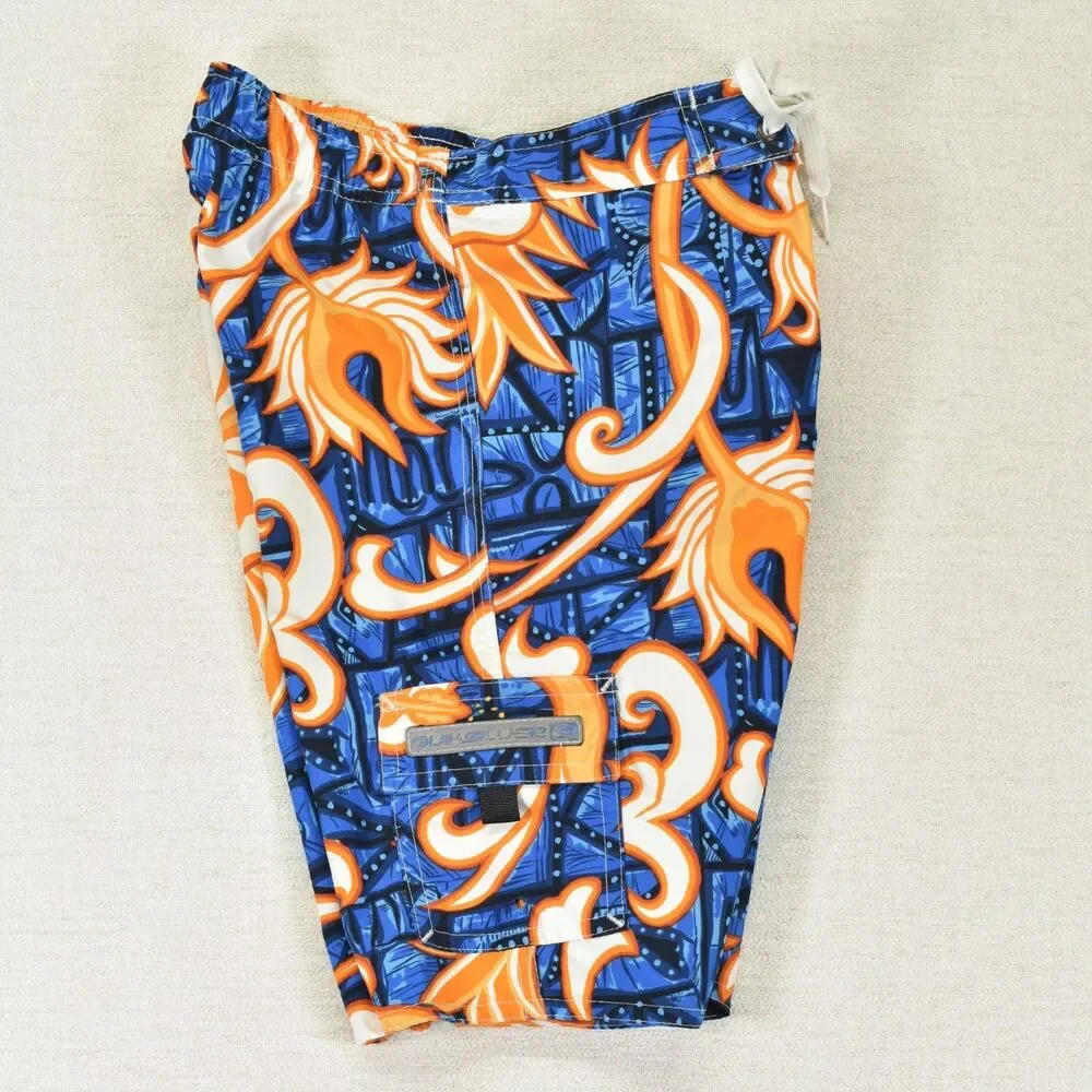 Quiksilver Boys M 6/7 Boardshorts Blue Neon Orange Hawaiian Tribal Surf Shorts